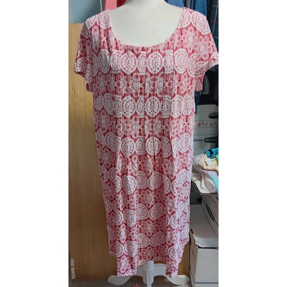 Perceptions New York 18 Ladies Red Dress White Textured Floral Short Sleeve Midi - Picture 1 of 7